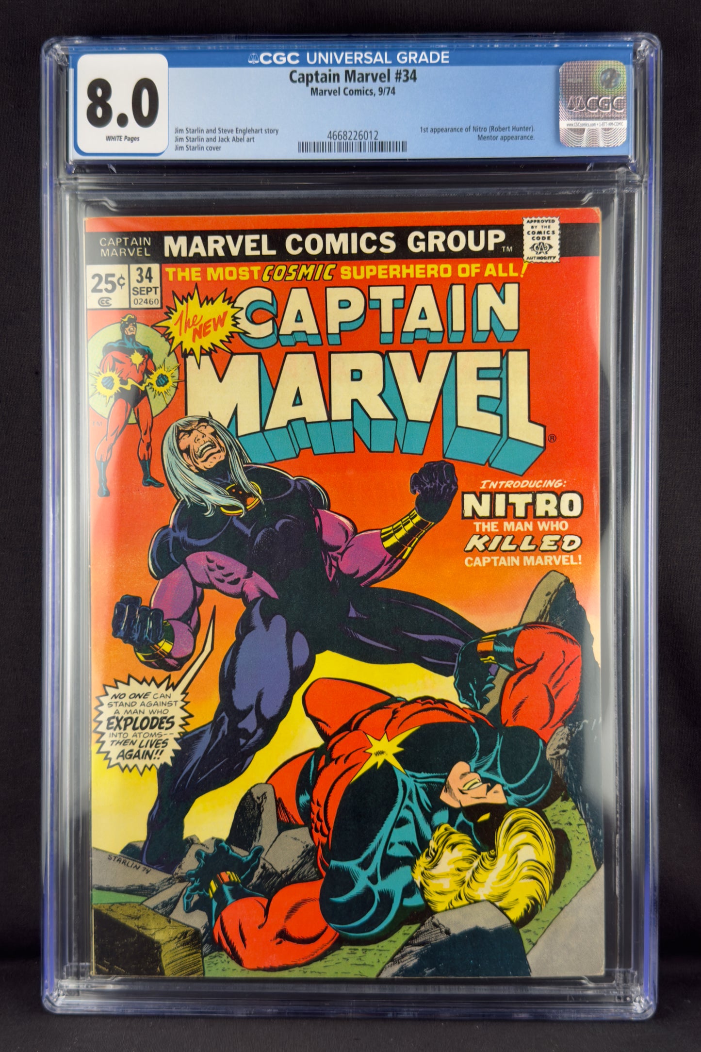 Captain Marvel #34 (1974) CGC 8.0 - First appearance of Nitro.