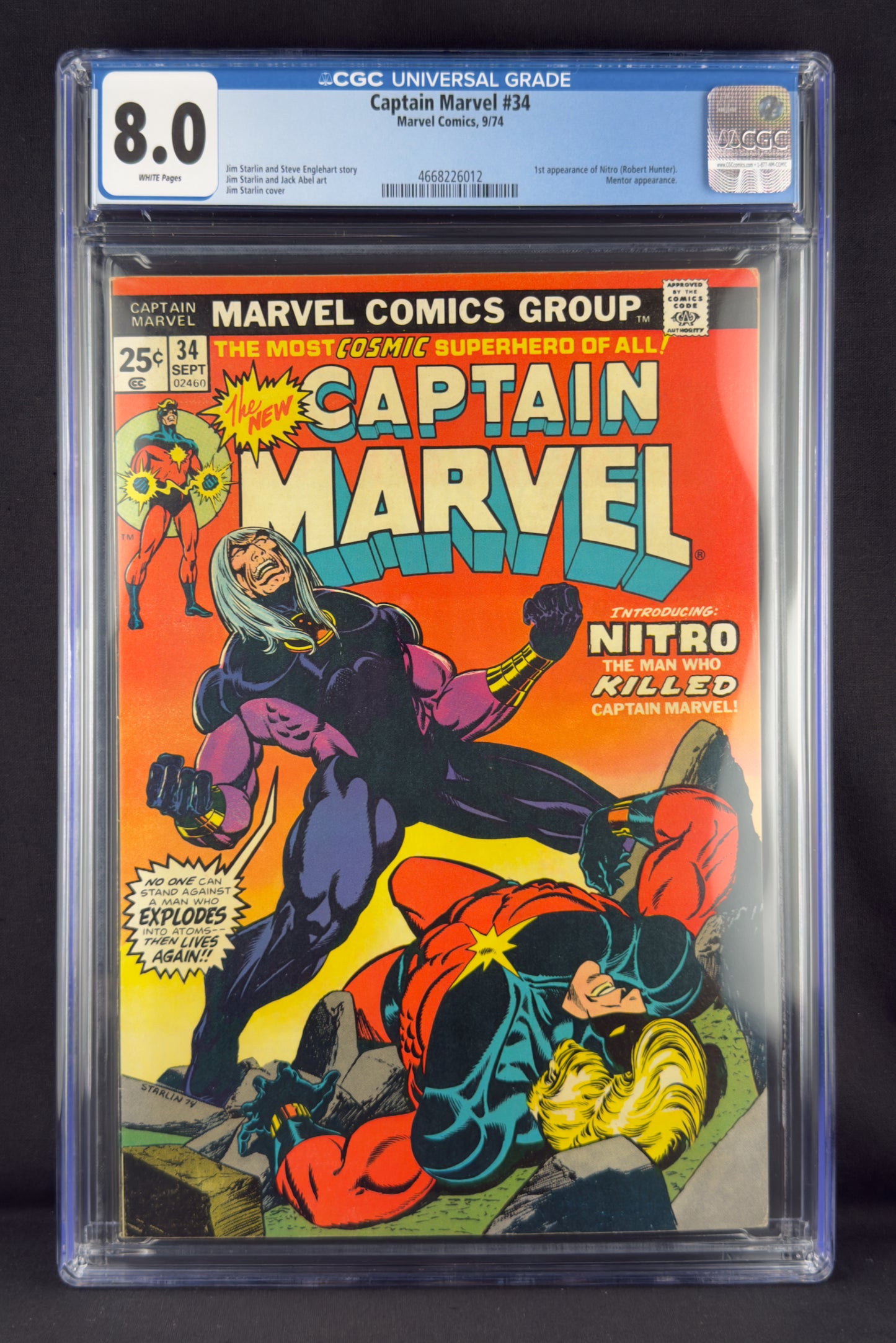 Captain Marvel #34 (1974) CGC 8.0 - 1st app Nitro (Robert Hunter)