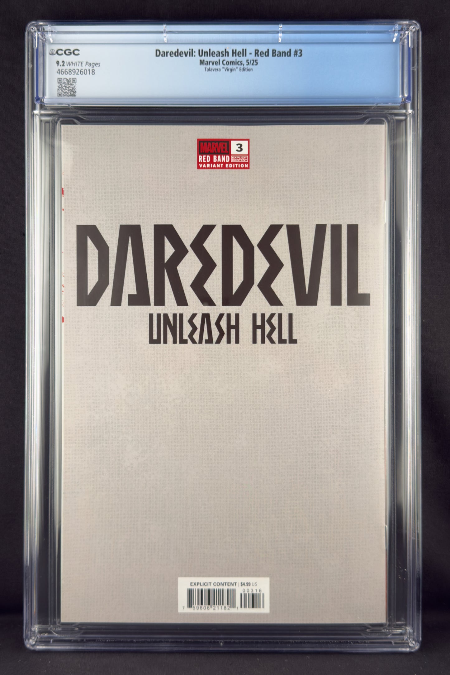 Daredevil: Unleash Hell: Red Band #3 (2025) CGC 9.2 Ivan Talavera Virgin 1:50 Variant
