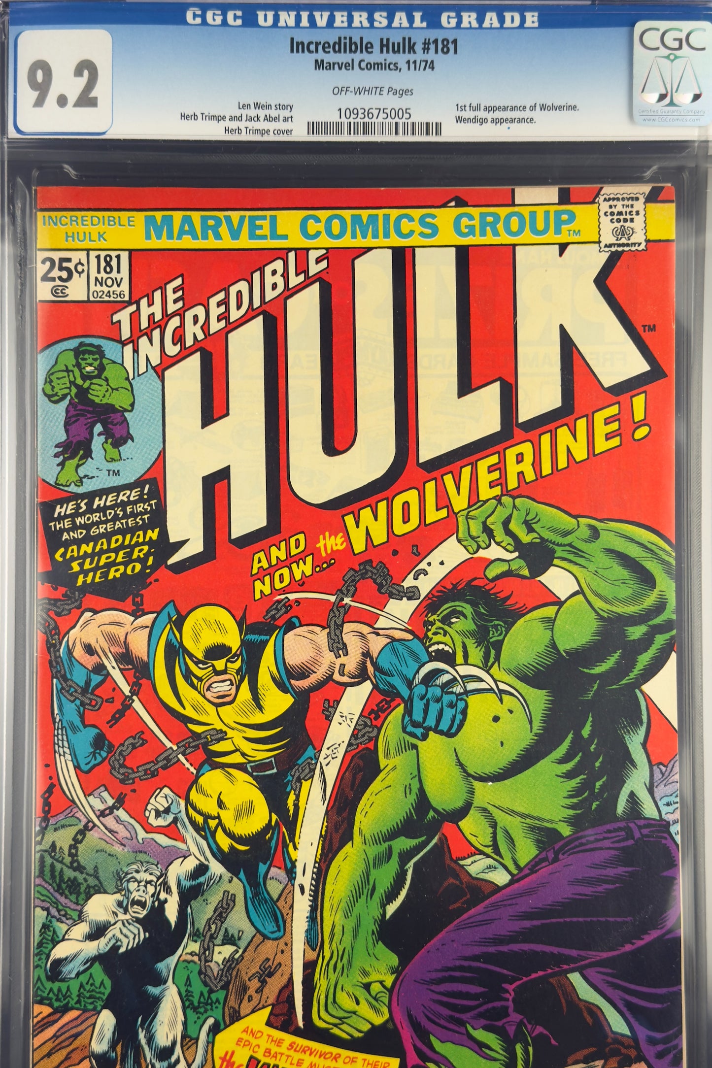Incredible Hulk #181 (1974) CGC 9.2 - 1st full app Wolverine (Logan)