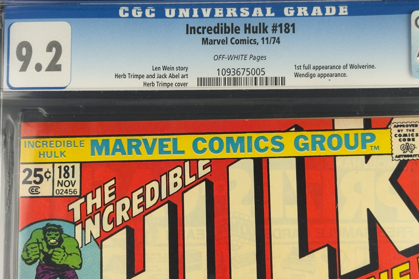 Incredible Hulk #181 (1974) CGC 9.2 - 1st full app Wolverine (Logan)